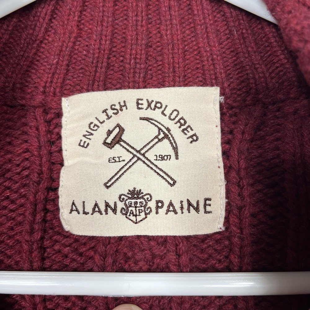 Alan Paine Henley Sweater Mens XL Red Cable Knit English Explorer Elbow Patches - Picture 6 of 11